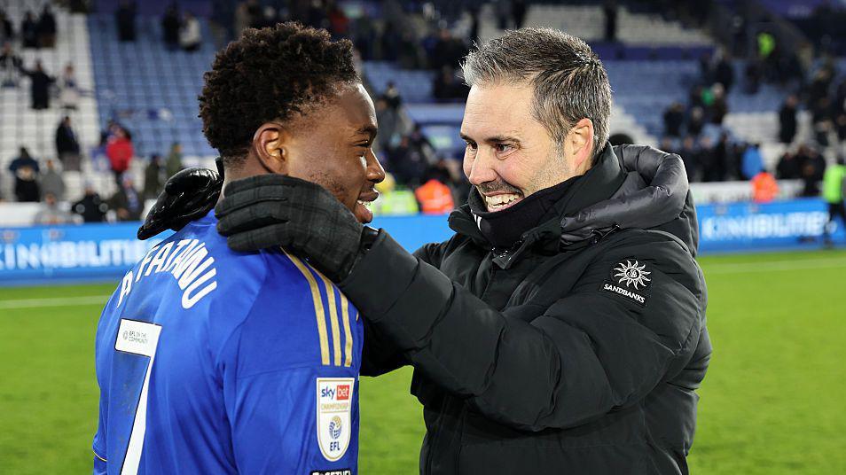 Leicester City manager Martí Cifuentes and Abdul Fatawu of Leicester City celebrate 