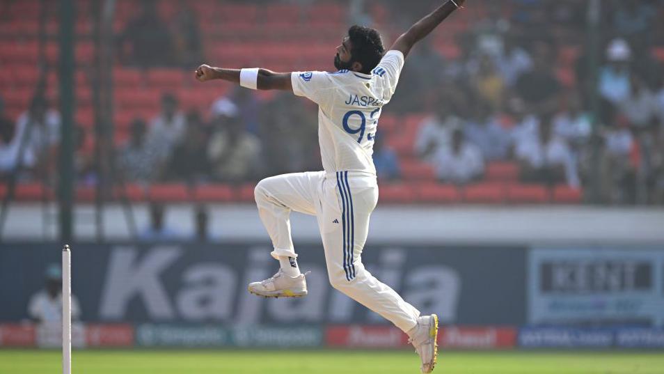 India bowler Jasprit Bumrah in bowling action during day four of the 1st Test Match between India and England at Rajiv Gandhi International Stadium on January 28, 2024 in Hyderabad, India