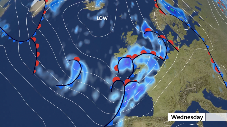 Meteorological pressure chart for Wednesday showing weather fronts over the UK with rain also covering much of the country.