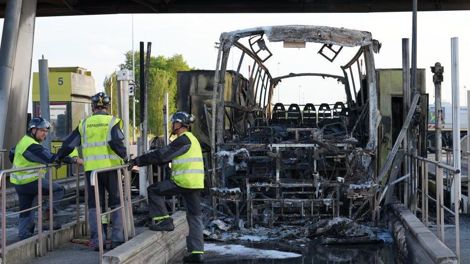 A burned-out bus