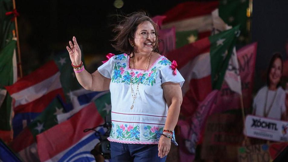 The presidential candidate of the Fuerza y Corazón por México political alliance Xóchitl Gálvez participates in a campaign event in Mérida, Mexico, 28 May 2024.