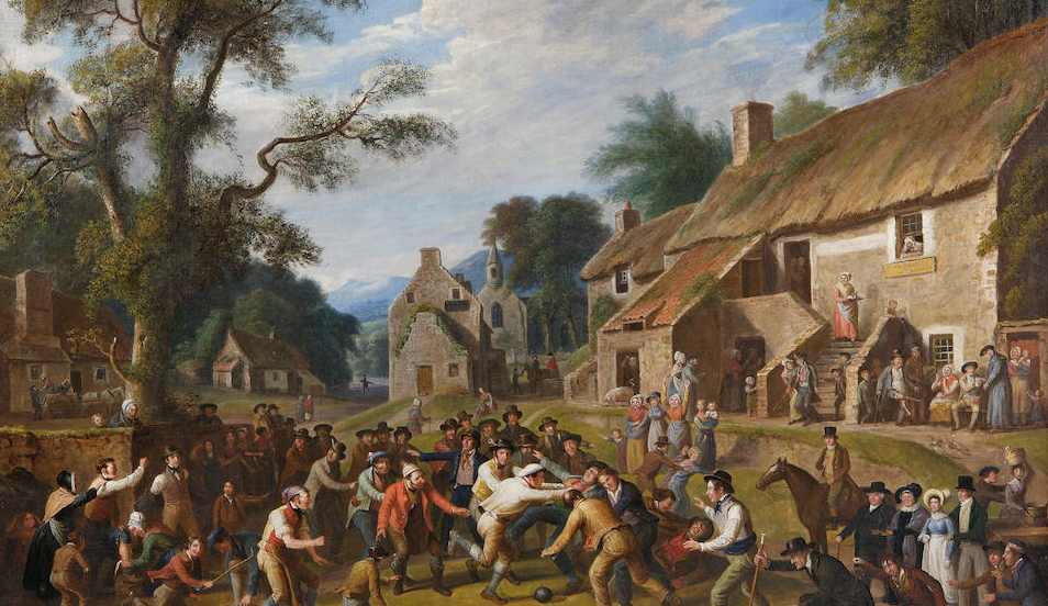 An old painting of people playing some kind of hand ball game on a village green in the Borders