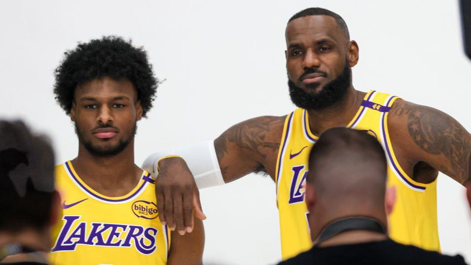 Bronny James and Lebron James at Los Angeles Lakers media day