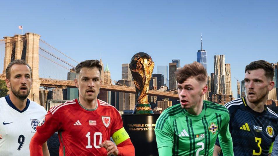 Harry Kane, Aaron Ramsey, Conor Bradley and Andy Robertson with a picture of the World Cup trophy, against a backdrop of the New York skyline