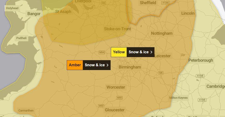 A Met Office map showing the extent of an amber weather warning stretching from near to the Welsh coast across the West and East Midlands.