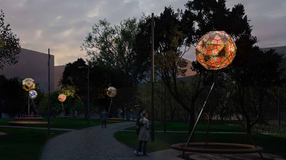 Artist impression of five illuminated glass balls on top of metal tripods in the park at dusk. 