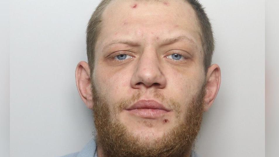 Ryan Surtees is facing the camera in a police photograph. He has shot brown hair and a short brown beard and is wearing a blue dressing gown