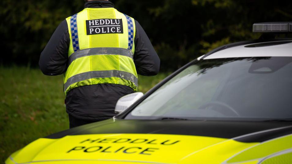 Anonymous police officer in high visibility yellow vest and police hat standing with his back to the camera beside a police car