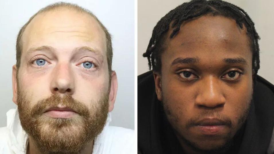 Archive custody shots of Samuel Dodsworth (left) and Rico Gedel. Photos of two men, side by side. The one on the left is balding and has a light brown beard. The man on the right has short dreadlocks and is wearing a high-collared jacket.