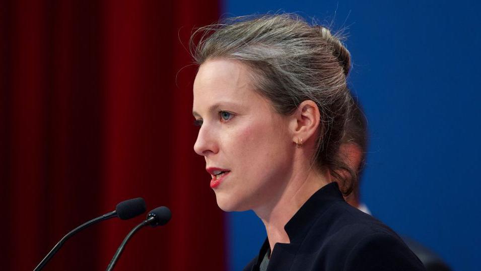 Nouveau Front Populaire (New Popular Front) NPF left-wing coalition candidate for prime minister and economist, Lucie Castets delivers a speech during the French left-wing Parti Socialiste (PS) Campus at Blois, central France on 30 August 2024