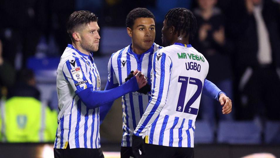 Josh Windass celebrates his goal for Sheffield Wednesday with team-mates Marvin Johnson and Ike Ugbo