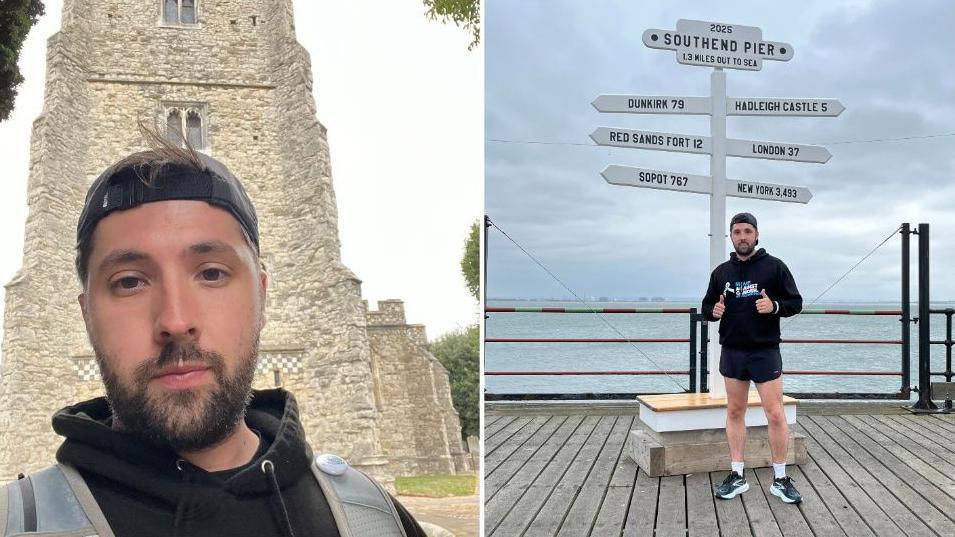 A split image - on the left is a selfie of Adam's head and shoulder's in front of a cathedral. He is in running gear with a backwards cap on. The right image he is in the same hat with a black hoody and black shorts. He is standing on decking on Southend Pier withy both thumbs up. There is a sign above him for the pier, giving distances to other locations (Dunkirk, Red Sands Fort, Sopot, Hadleigh Castle, London, New York) pointing either left or right.