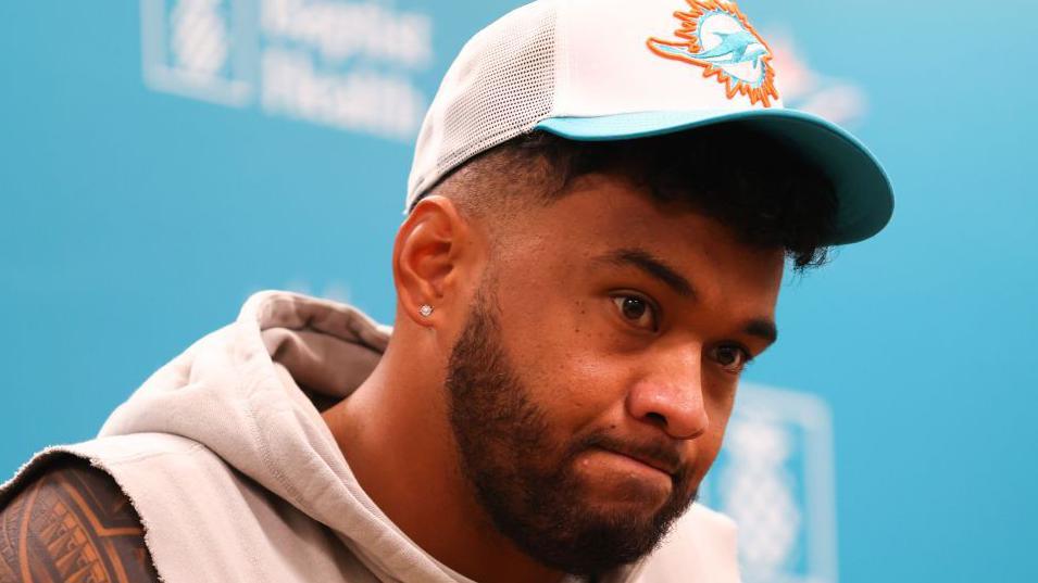 Miami Dolphins quarterback Tua Tagovailoa at a news conference