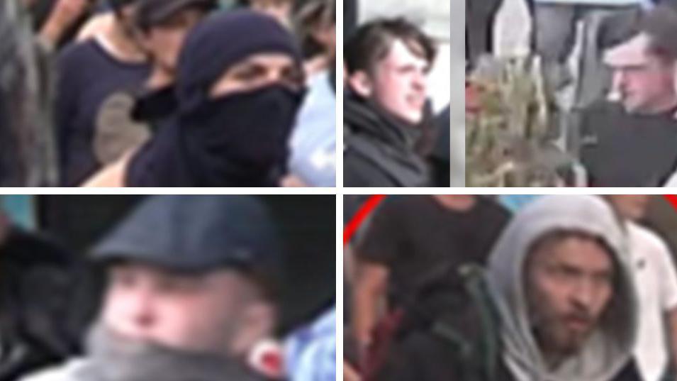 Four CCTV photos of men - some wearing masks - wanted in connection with the Hull disorder.