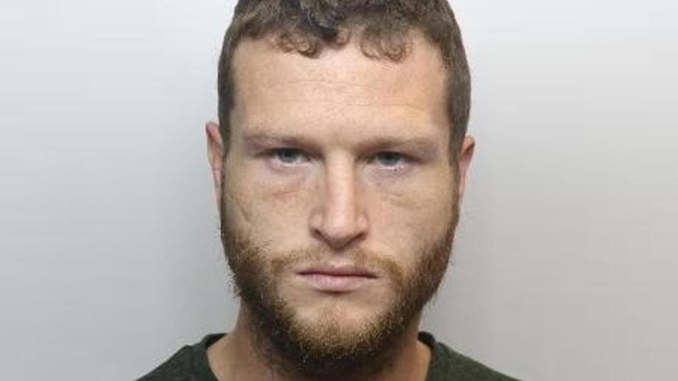 Levi Fishlock is shown in a police mug shot. He is staring directly at the camera, with short brown hair and beard. he is wearing a dark jumper with a round neck