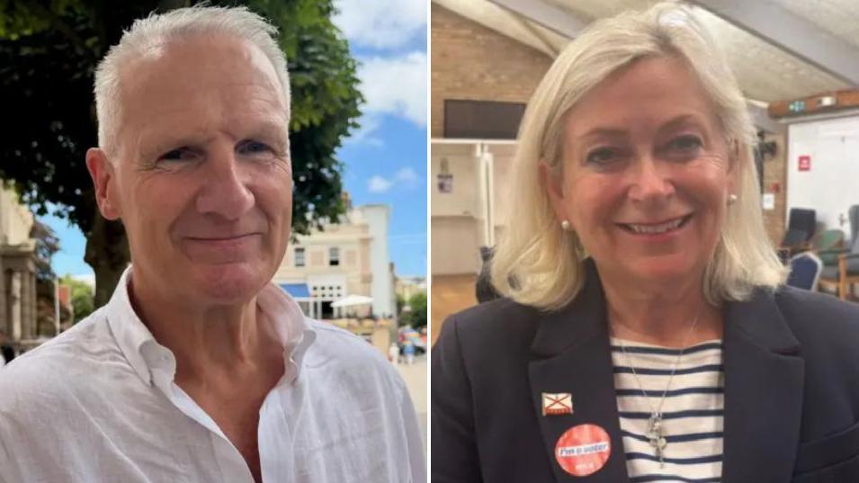 Senator Tom Binet is pictured on the left with a white shirt. Senator Helen Miles is on the right with a black blazer and a stripped top.