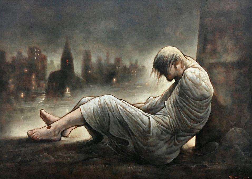 painting of a homeless Jesus in front of a city