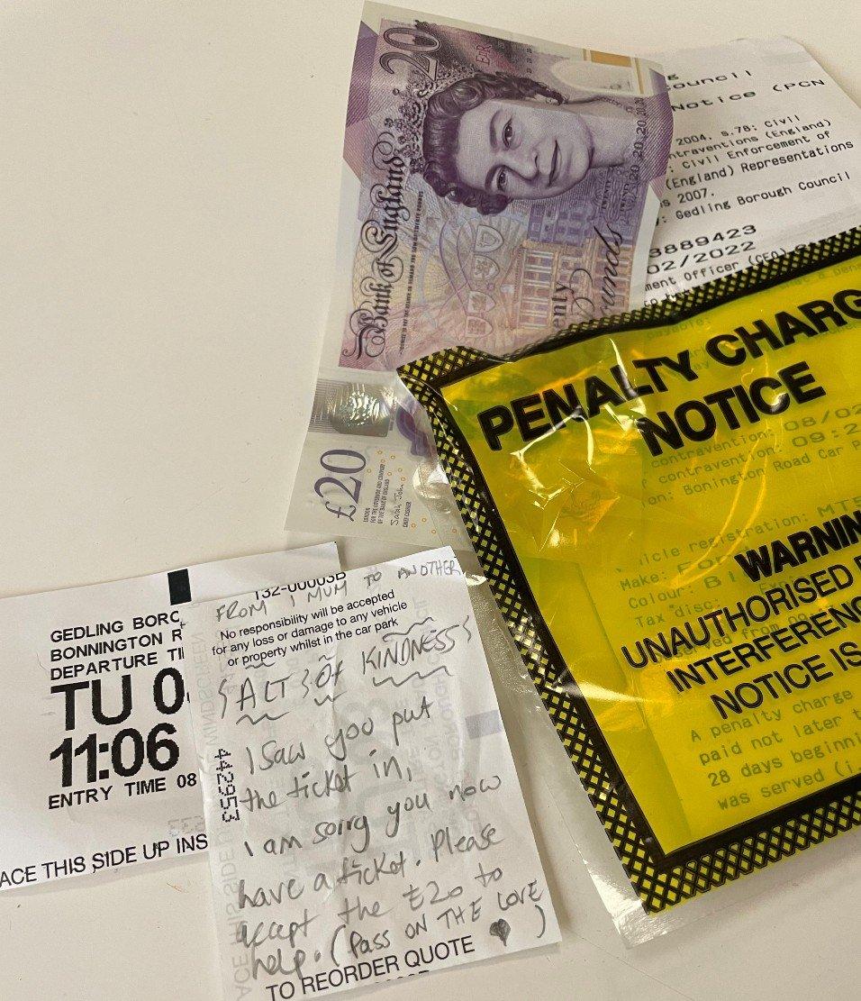 Parking ticket, fine, note and £20