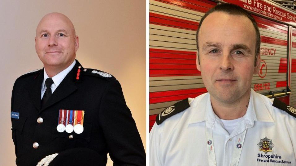 A split screen image of Simon Hardiman on the left, and Adam Matthews on the right. Mr Hardiman is wearing a black suit jacket that has badges and medals attached to it. Mr Matthew is wearing a white Shropshire Fire and Rescue shirt.