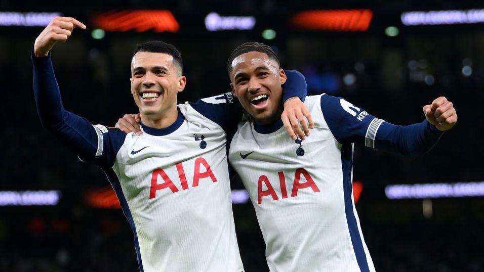 Pedro Porro and Wilson Odobert celebrate