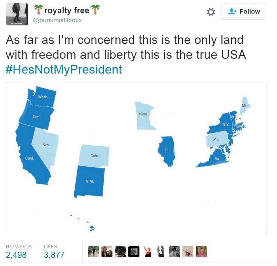 Tweet with Map showing Clinton won states and caption saying these are "this is the only land with freedom and liberty"