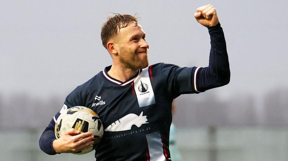 Falkirk’s Scott Arfield celebrates after scoring to make it 2-2 during a William Hill Championship match between Falkirk and Ayr United at the Falkirk Stadium, on February 15, 2025, in Falkirk, Scotland. (Photo by Roddy Scott / SNS Group)