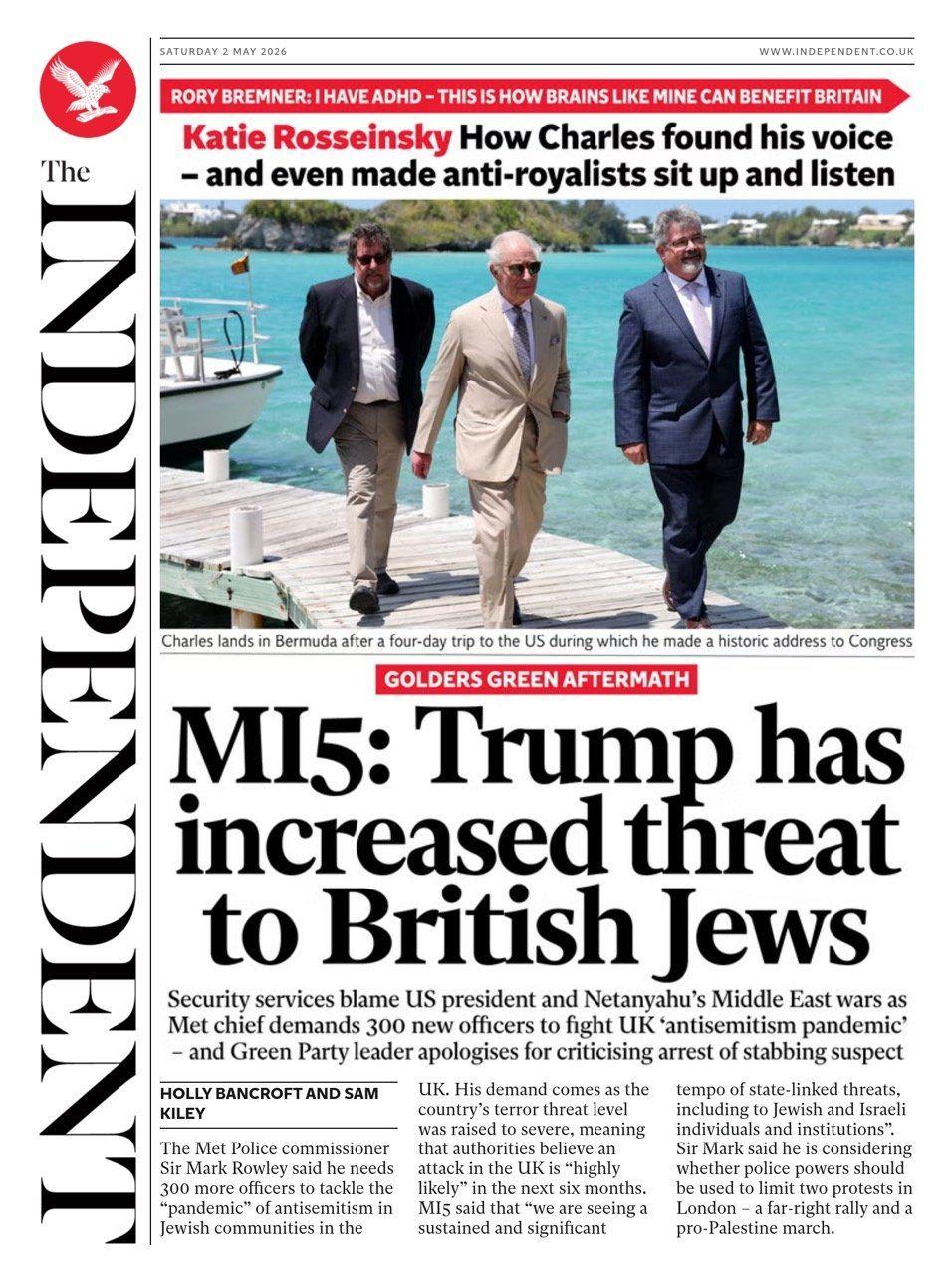 “MI5: Trump ka rritur kërcënimin ndaj hebrenjve britanikë”, thuhet në titullin kryesor të faqes së parë të gazetës Independent.