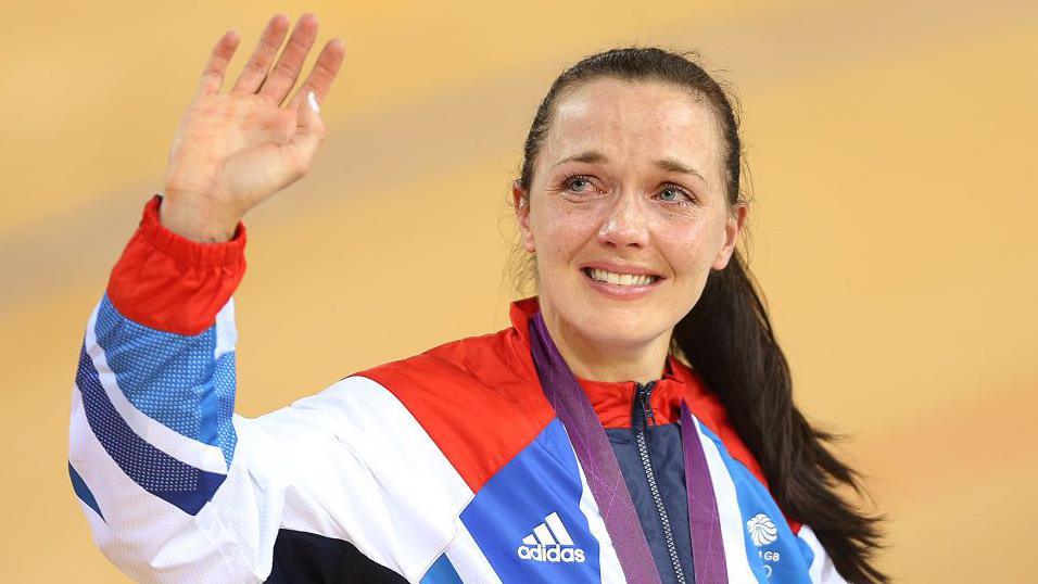 Victoria Pendleton looks on with ears in her eyes after winning a medal at the 2012 Olympics.