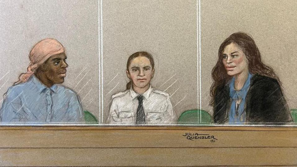 A court sketch showing Mark Gordon and Constance Marten, with a security guard between them