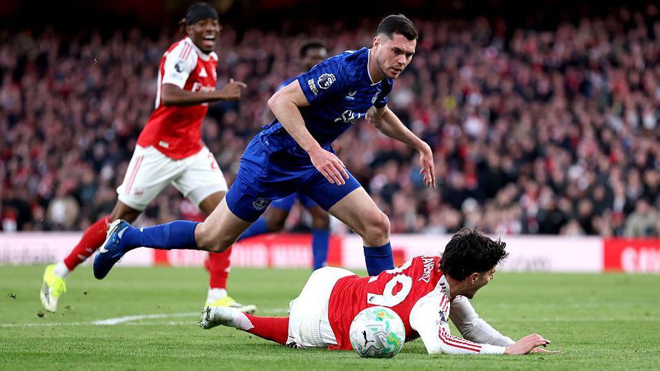 Kai Havertz of Arsenal is challenged by Michael Keane of Everton during the Premier League match at Emirates Stadium 