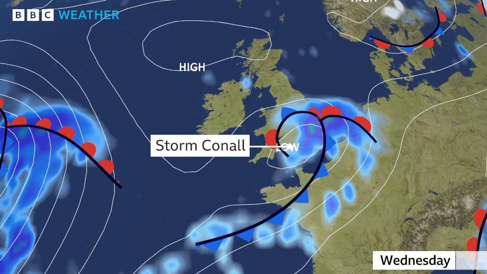 A graphic showing areas of low pressure moving across the Atlantic towards south-eastern England on Wednesday morning