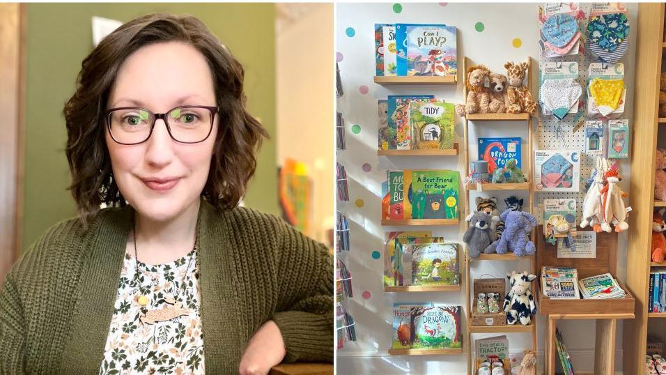 A composite image: A selfie of a woman, smiling, with shoulder-length brown hair, dark glasses, a green cardigan and a floral green and white top, sat inside a room with walls painted green; A display of soft toys, books and bibs in a gift shop