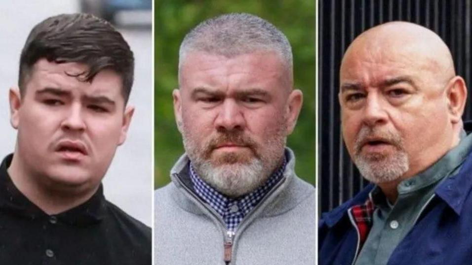 A composite of the three men accussed of murdering Lyra mckee - Jordan Devine is on the left, wearing a black shirt, Peter Cavanagh is in the middle wearing a grey jumper and checked shirt, and Paul McIntyre who is on the right, wearing a blue harrington jacket and green shirt