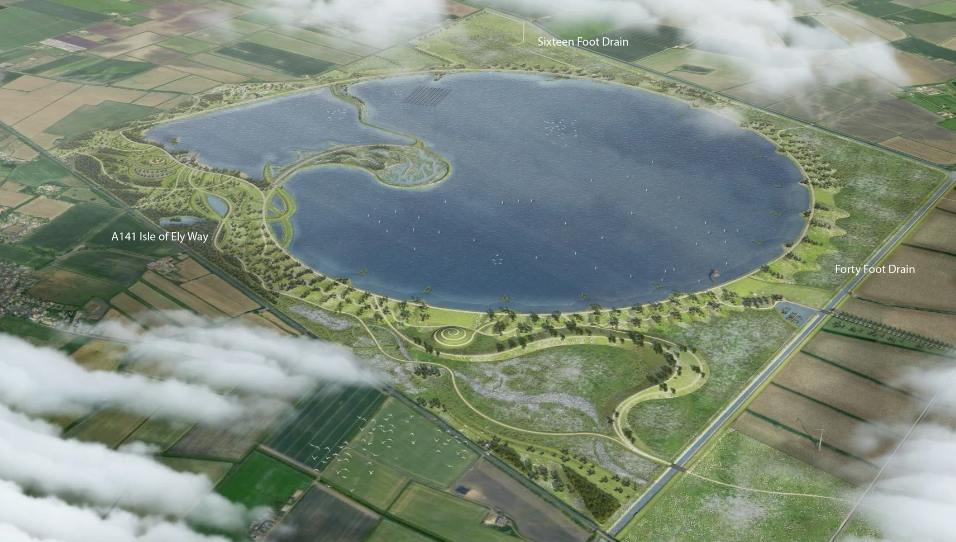 Computer-generated aerial image of a proposed Fenland reservoir in Cambridgeshire