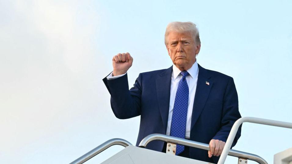 Donald Trump raises his fist in the air while at the top of some stairs leading from a plane, and he holds the railing