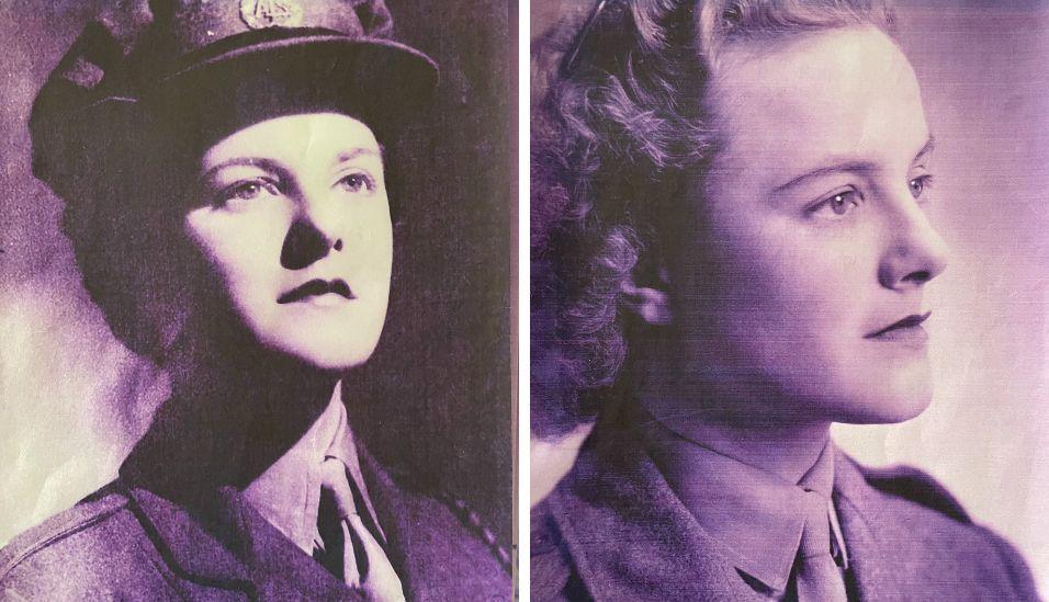 The two black and white images show Sheila Pantin in military uniform as a young woman in the early 1940s