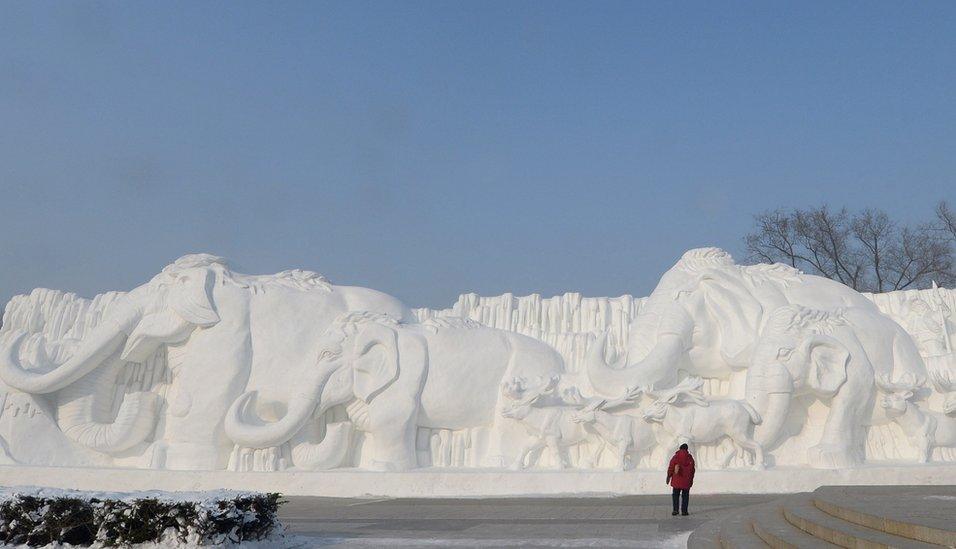 A giant snow sculpture shows elephants in a line