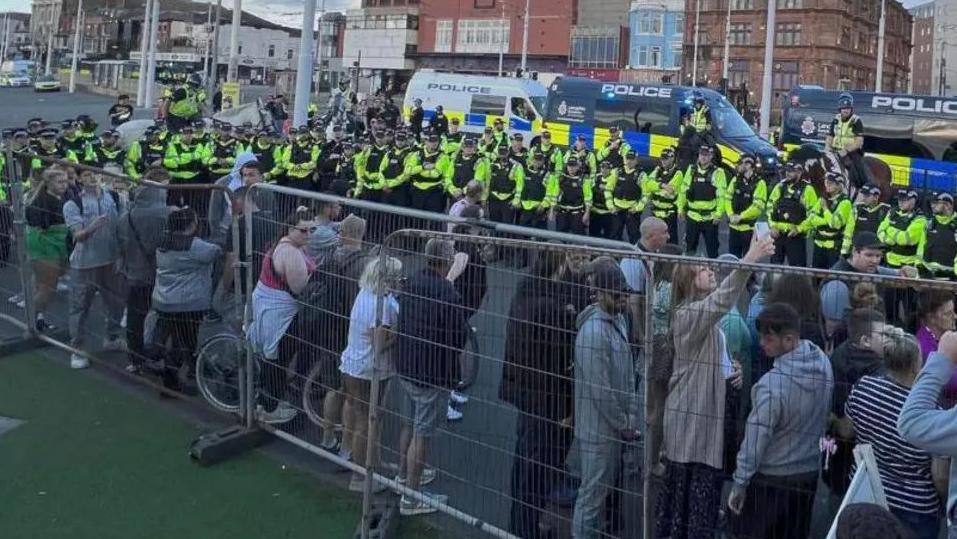 Large numbers of police and protesters in Blackpool