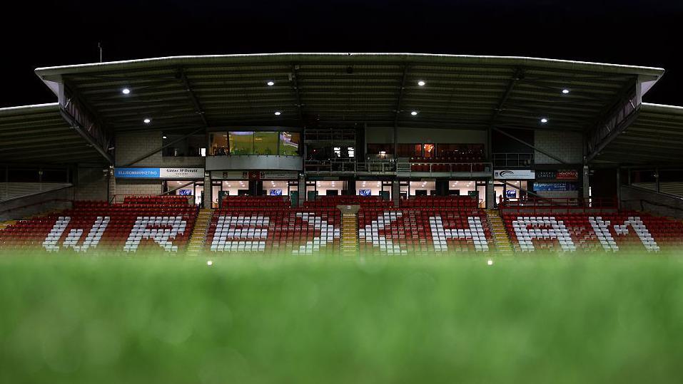 Pitchside view of the Mold Road stand at the Stok Cae Ras