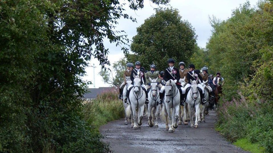 A group of riders on horseback make their way along a lane surrounded by trees.