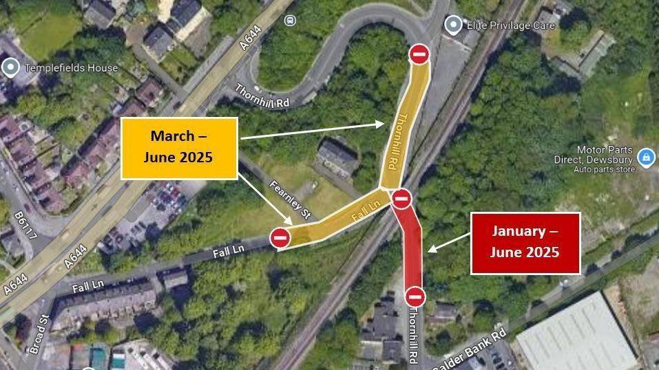 A diagram showing the closure of Thornhill Road, Dewsbury

