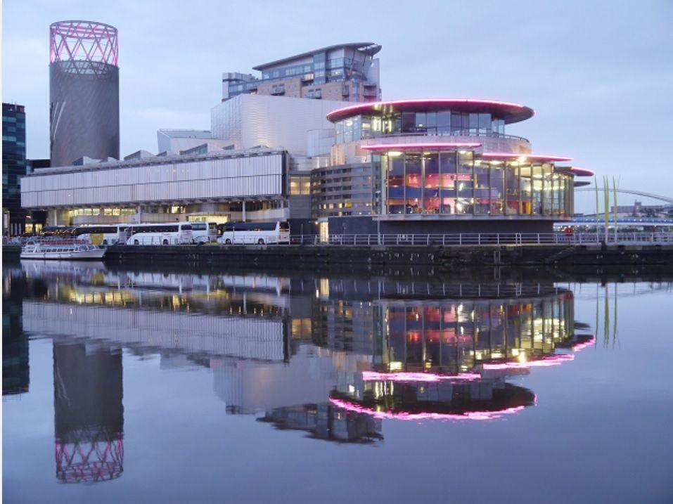 Looking across North Bay, from MediaCityUK, towards The Lowry theatre at Salford Quays.