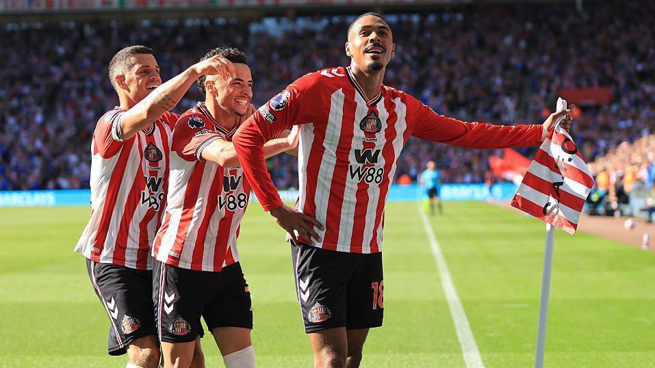 Wilson Isidor celebrates after scoring for Sunderland against West Ham on the opening day of the 2025-26 Premier League season
