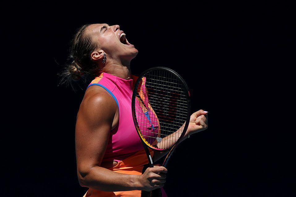Aryna Sabalenka roars with delight after winning the first set of her third-round match against Anastasia Potapova at the Australian Open. Photo by Clive Brunskill