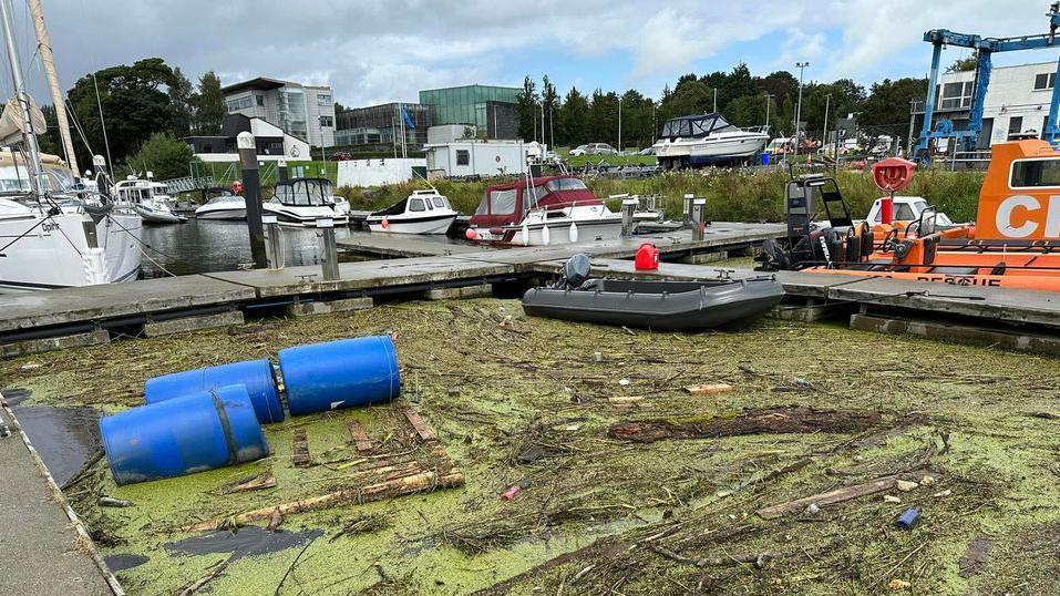 An image of boats in a marina with algae on the water and three blue plastic barrels floating on top