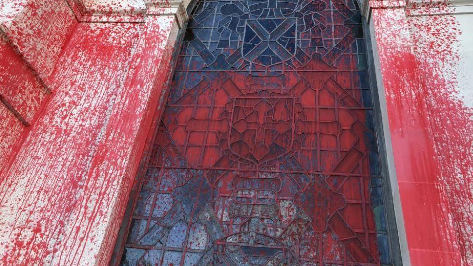 Somerset County Hall's door covered in red paint