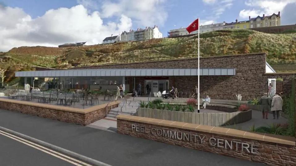 A illustration of what the hub would look like. It is a one-storey building with a flat roof made out of brown brick. The cafe terrace is surrounded by glass and has chairs and tables. Lettering on a low wall in front of the development reads Peel Community Centre. There is also a white flagpole flying a Manx flag.