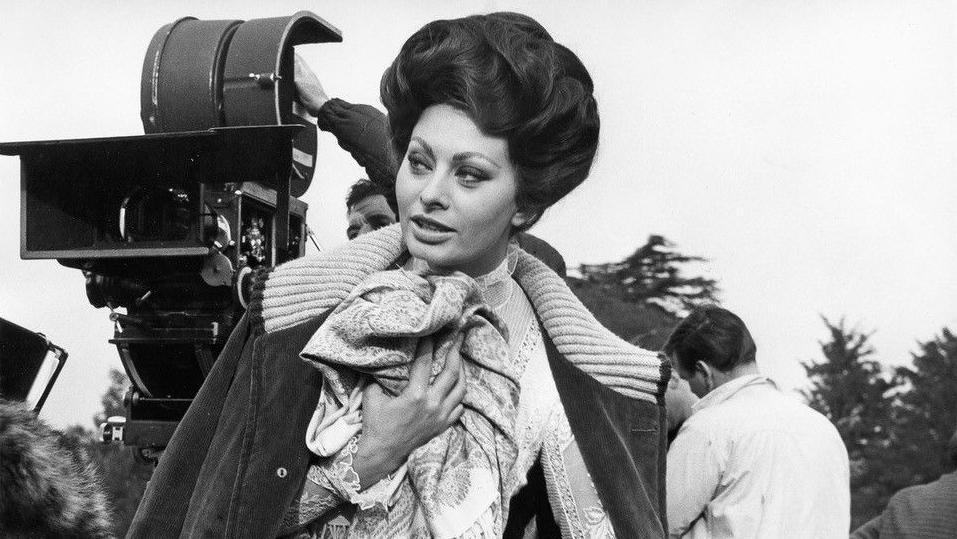 Sophia Loren on the set of Lady L. She has dark hair and dark eyes.