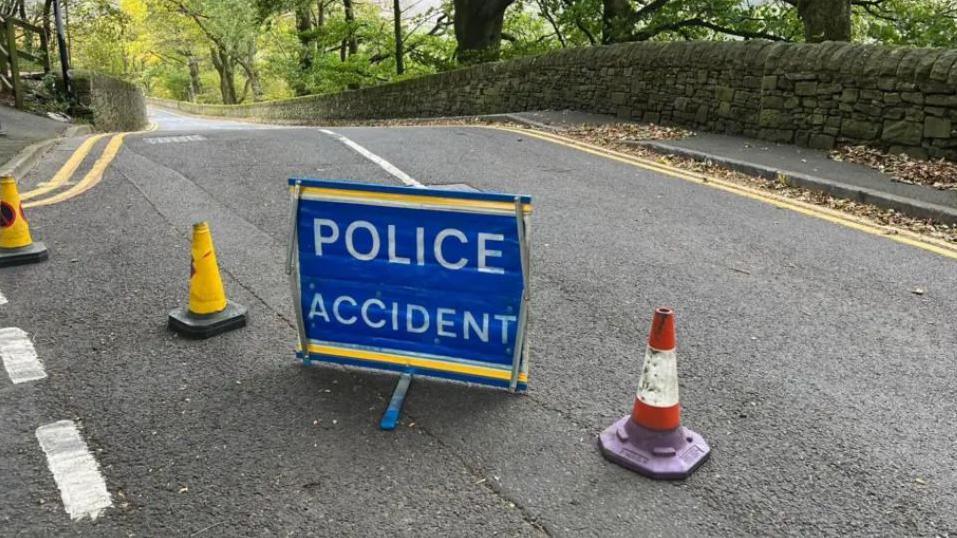 A blue police sign bearing the words 'police accident' beside some cones on a rural road with trees in the background.