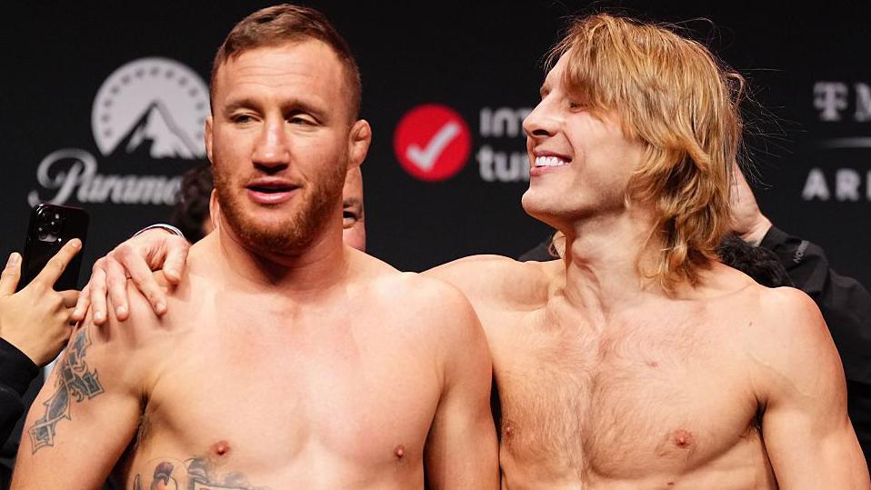 Paddy Pimblett puts his arm around Justin Gaethje at a weigh-in